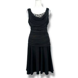 VTG Y2K Night Way Black Ruched Rhinestone Beaded Midi Dress 8 Prom Glam 90s USA